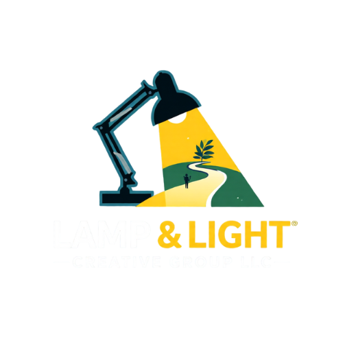Logo for Lamp and Light Creative Group LLC featuring a desk lamp shining a bright beam of light onto a winding path with a small tree. The light symbolizes guidance and creativity. Below the illustration is the text “Lamp and Light Creative Group LLC” with “Lamp and Light” in bold yellow and white lettering.